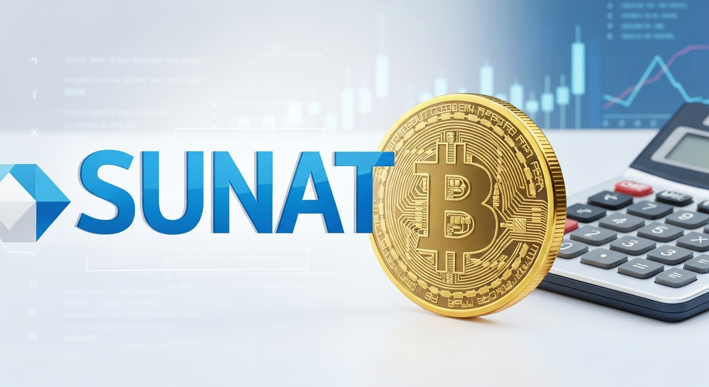 A digital illustration of the SUNAT logo next to a Bitcoin symbol and a calculat