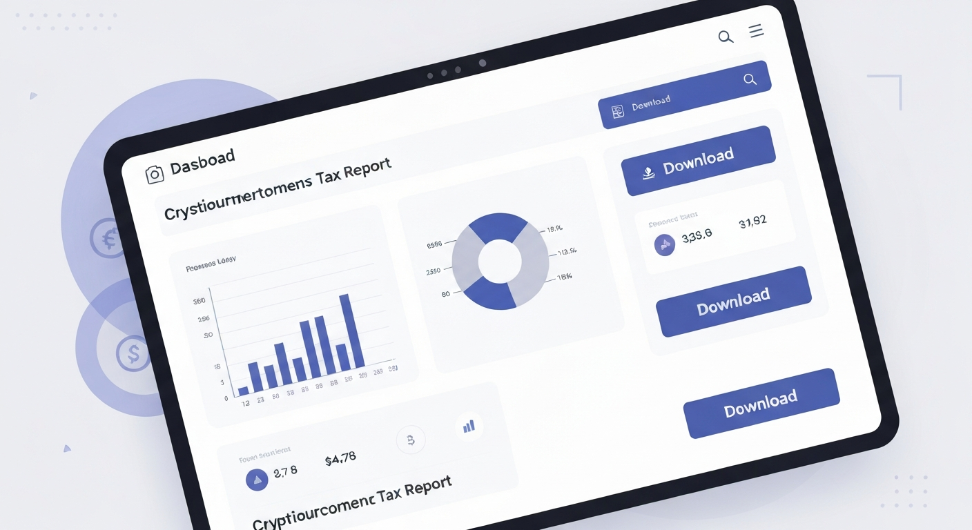 A clean and modern interface showing a cryptocurrency tax report dashboard with 