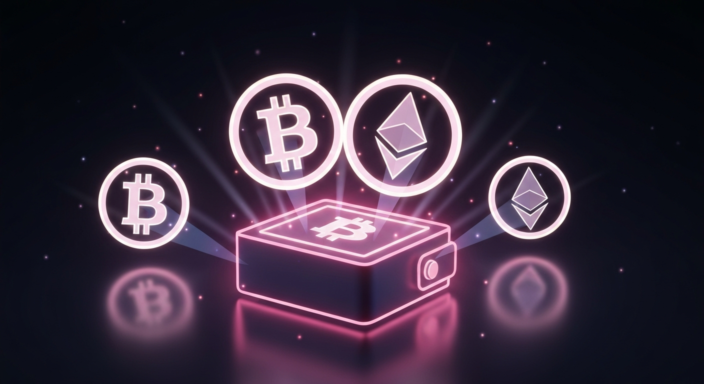 A conceptual 3D illustration of a digital wallet with $100 being distributed int
