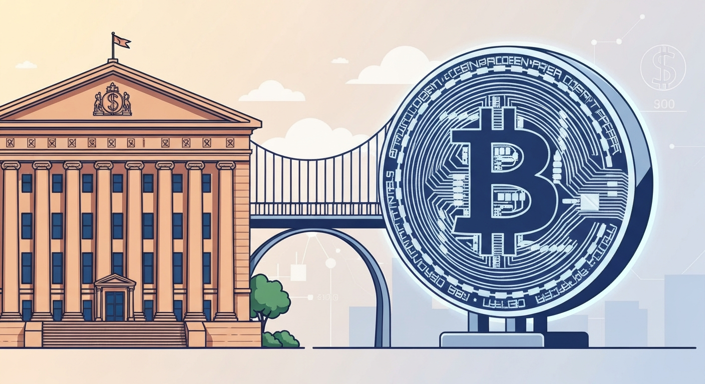 A conceptual illustration showing a bridge between a traditional stock exchange 