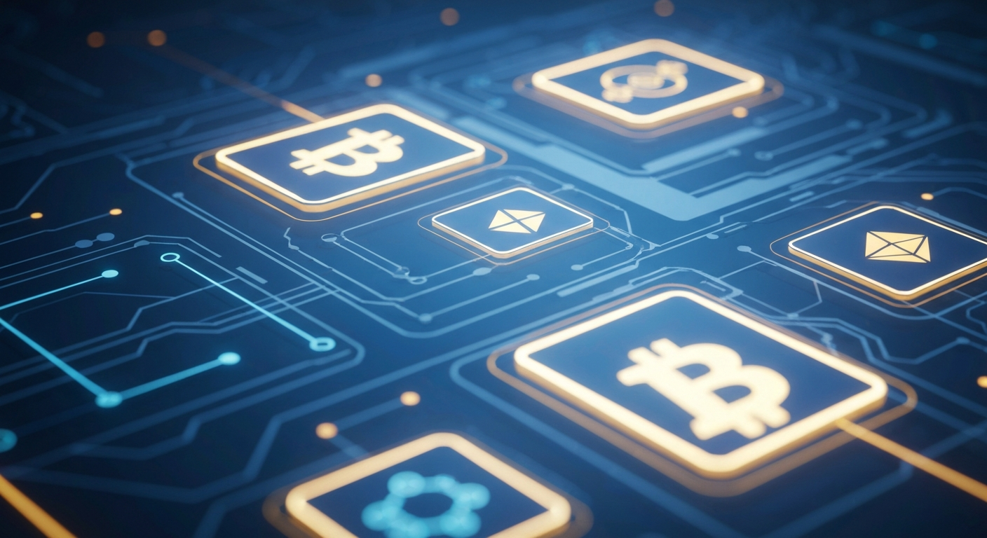 A digital dictionary or glossary with floating icons of Bitcoin, Ethereum, and b