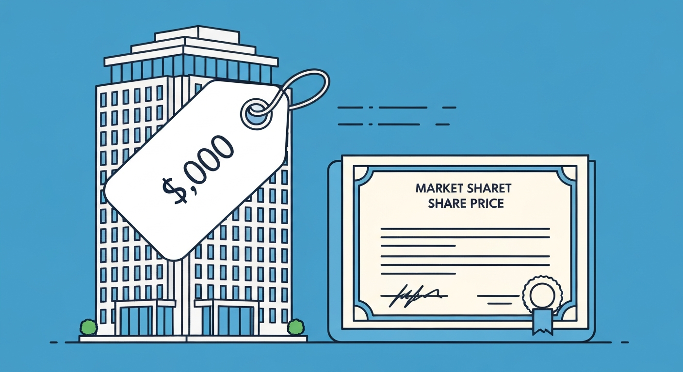 An illustration showing a large company building with a price tag representing i