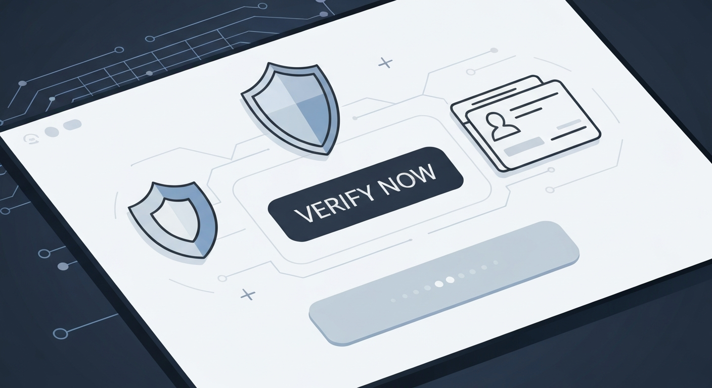A digital interface showing a 'Verify Now' button with security icons like a shi
