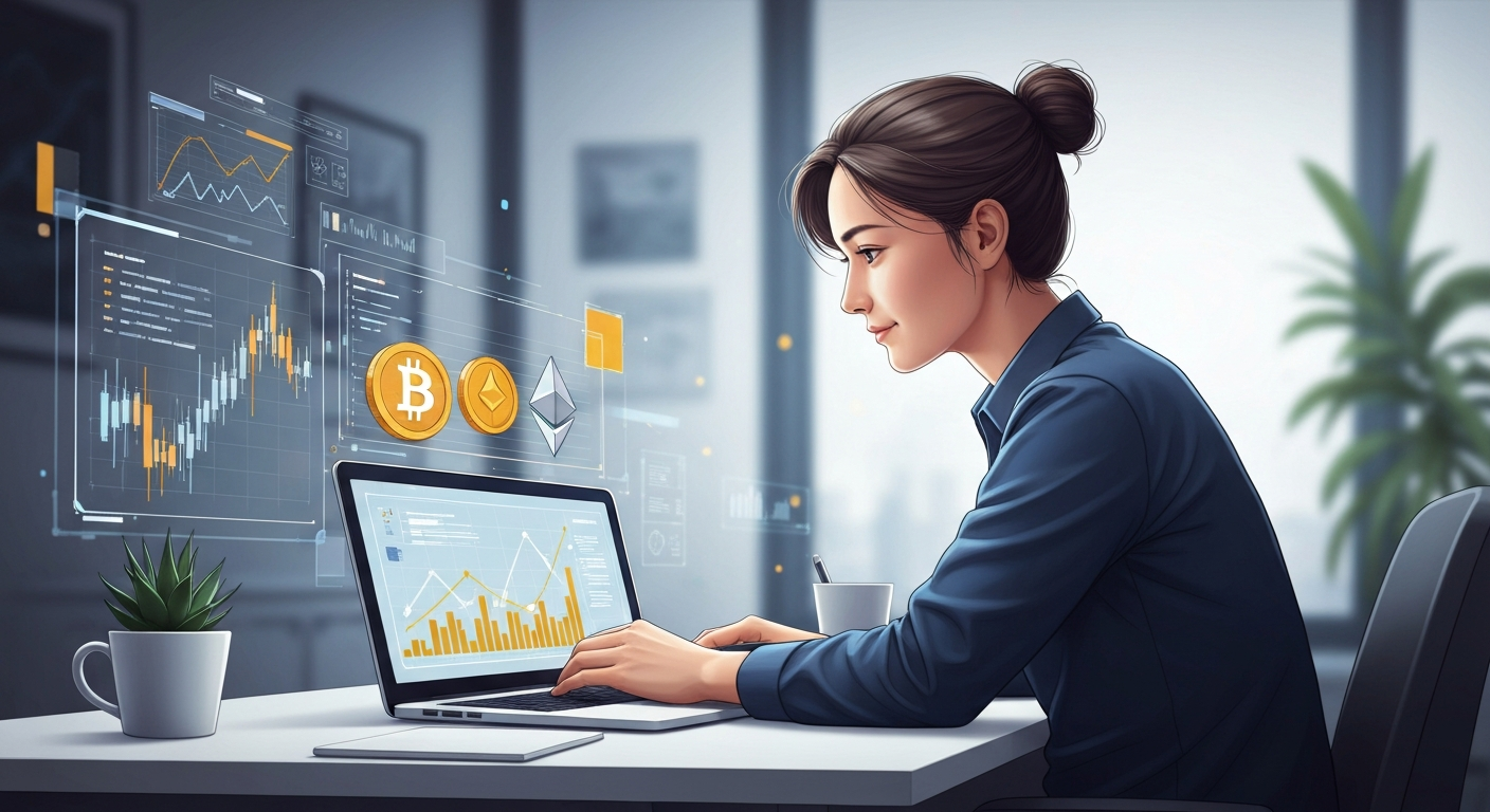 A person studying financial charts and cryptocurrency symbols like Bitcoin and E