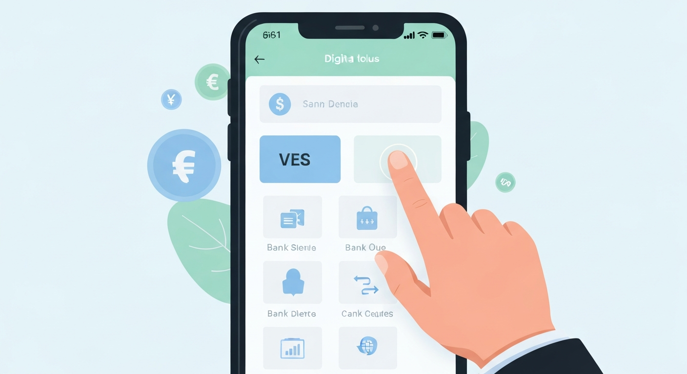 A digital interface showing a person selecting VES currency and choosing a bank 