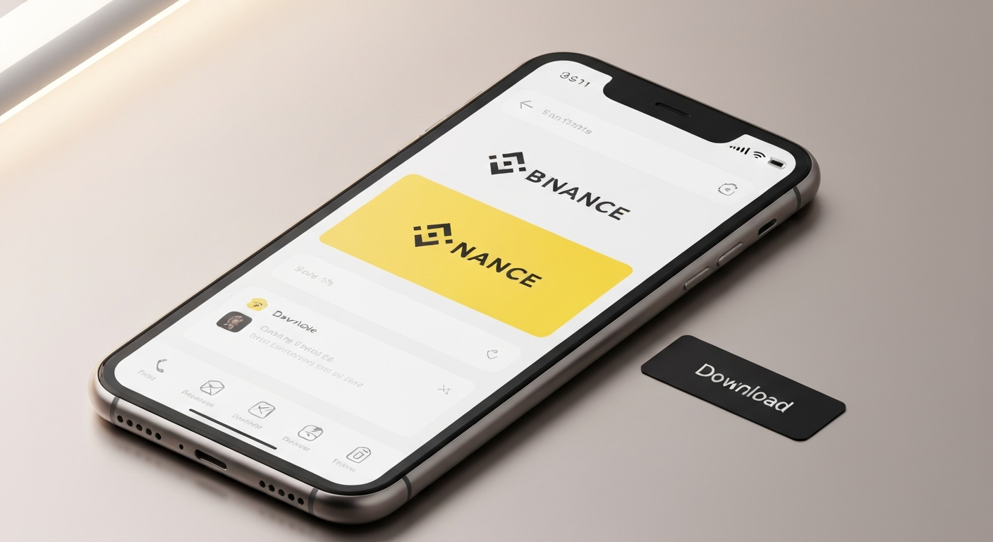 A high-quality 3D illustration of an iPhone screen displaying the Binance app in