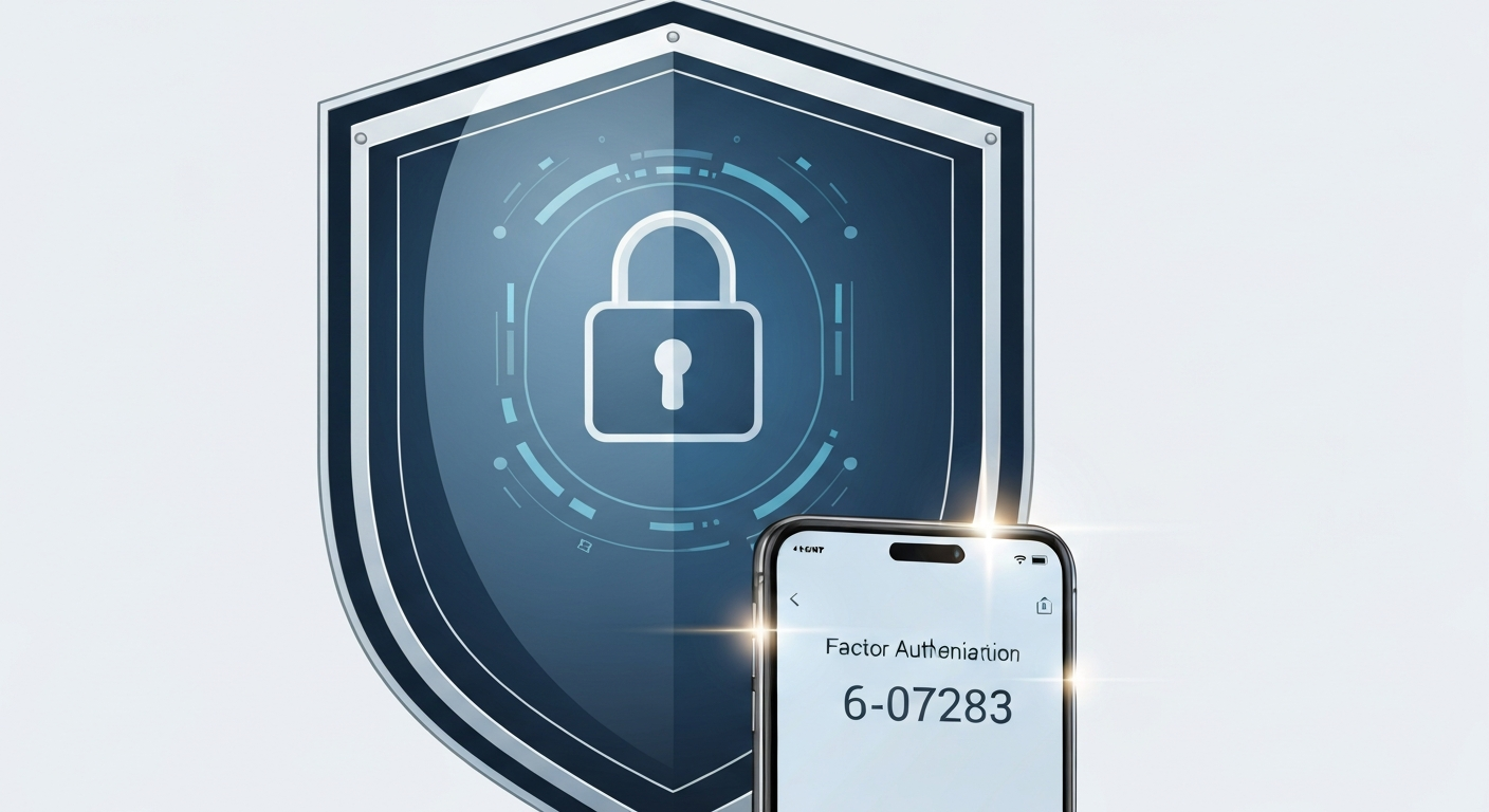 A secure digital shield with a lock icon and a smartphone showing a 6-digit veri