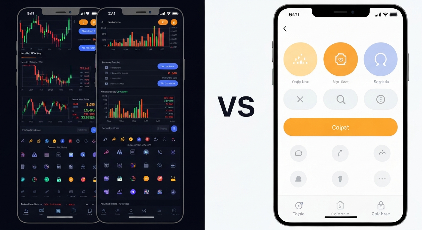 Comparison of two mobile app interfaces: one complex with many charts and tools 