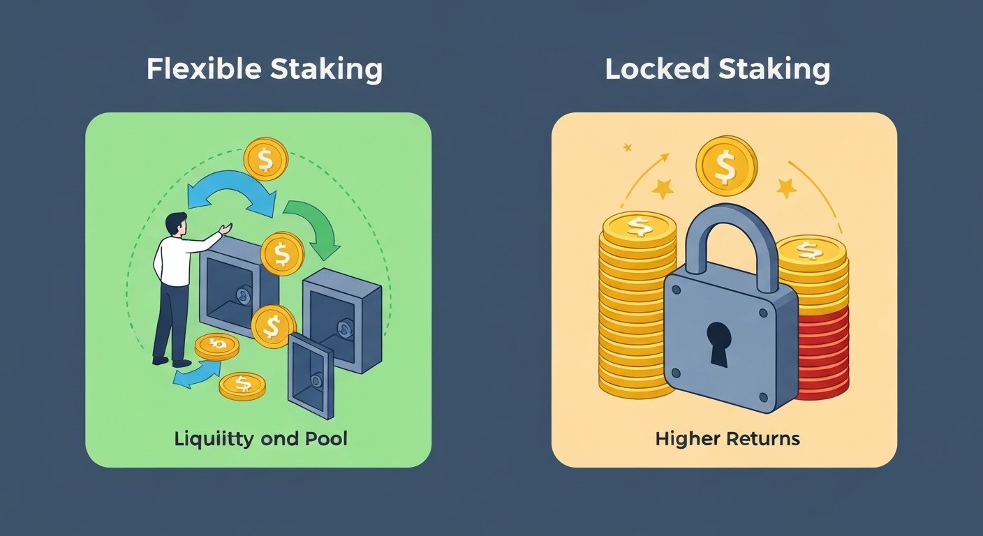 Comparison between flexible and locked staking showing liquidity vs higher retur