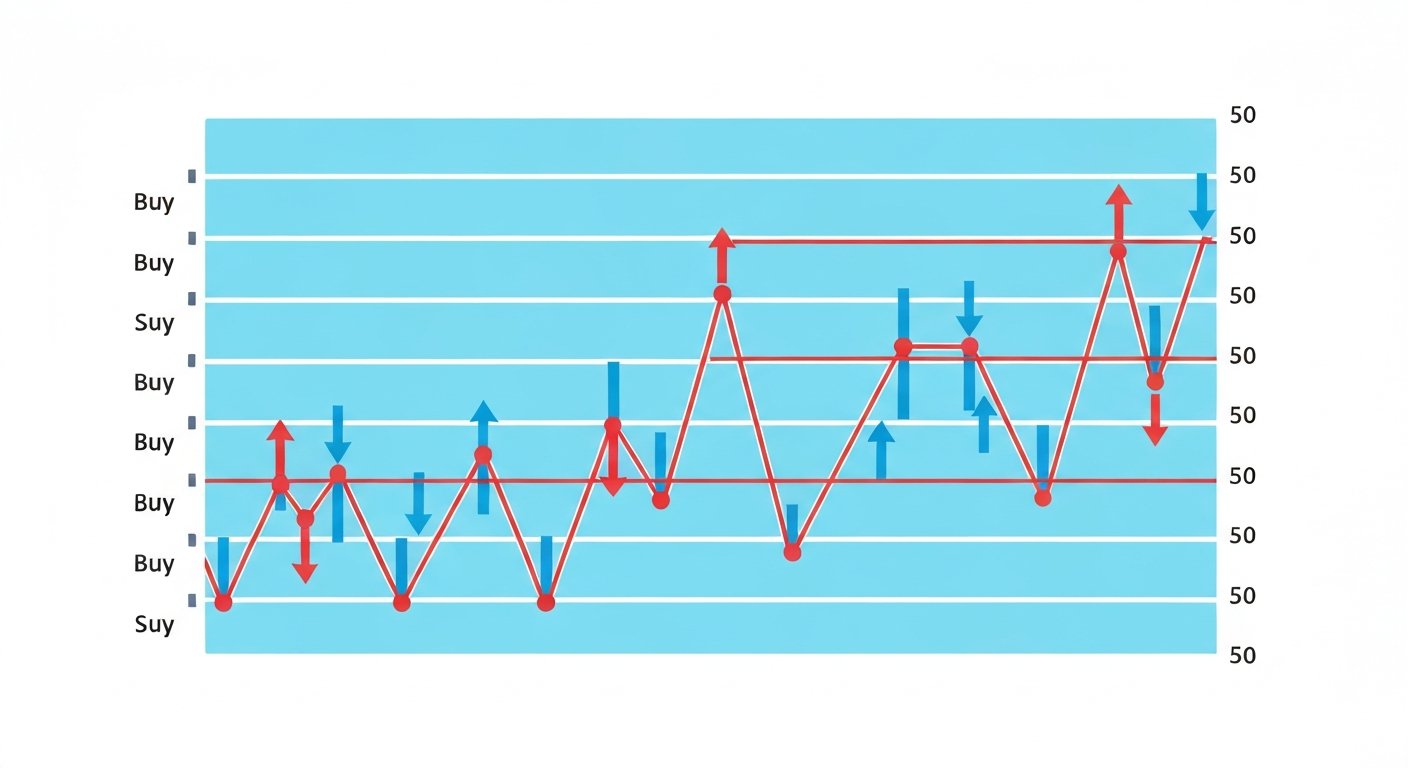 A visual representation of a grid trading bot on a crypto chart, showing horizon