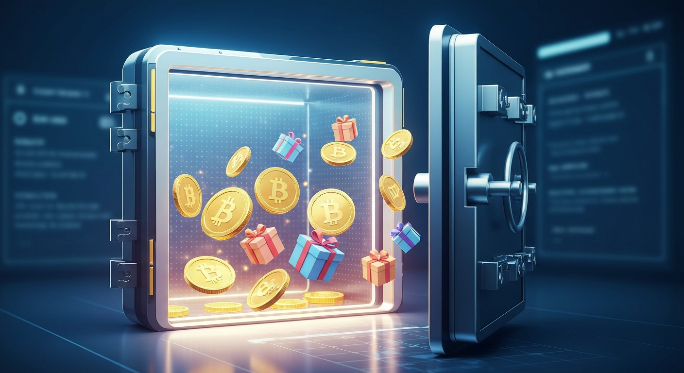 A futuristic digital vault opening with golden cryptocurrency coins and gift box