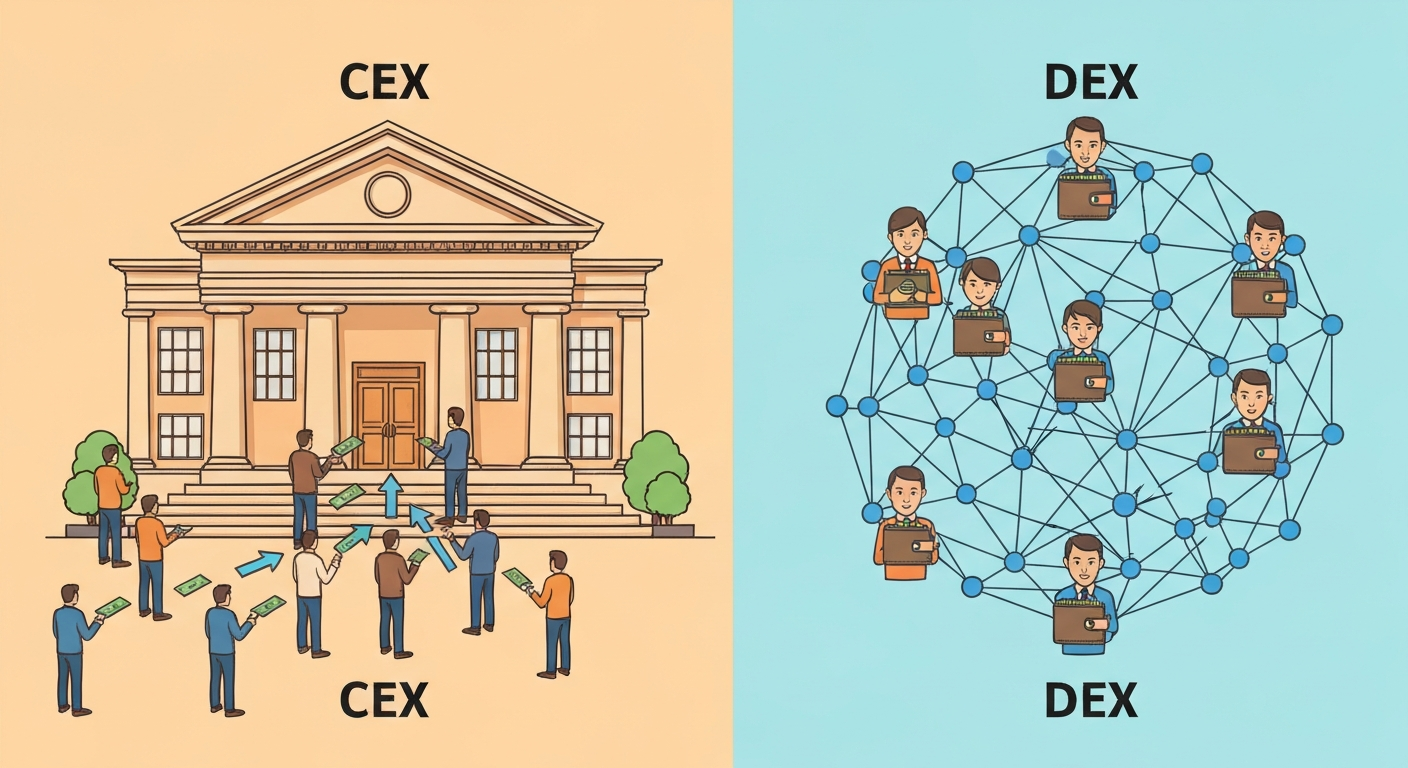 A split illustration showing on one side a central building (bank-like) represen