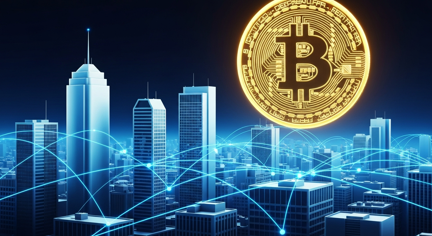 A glowing digital gold coin with the Bitcoin symbol floating above a futuristic 