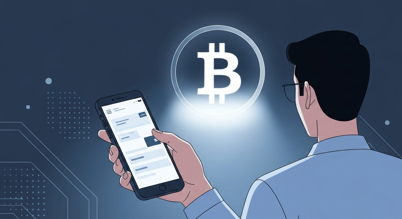 A person using a smartphone to buy Bitcoin, with a digital wallet interface and 