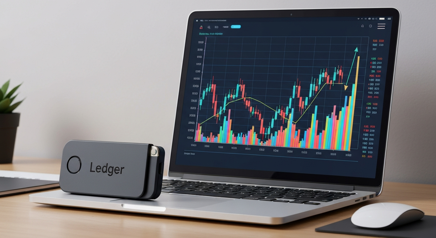 Dispositivo de hardware wallet tipo Ledger junto a una computadora mostrando grá