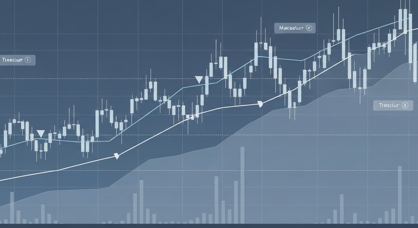 A professional financial chart showing Bitcoin price action with support and res