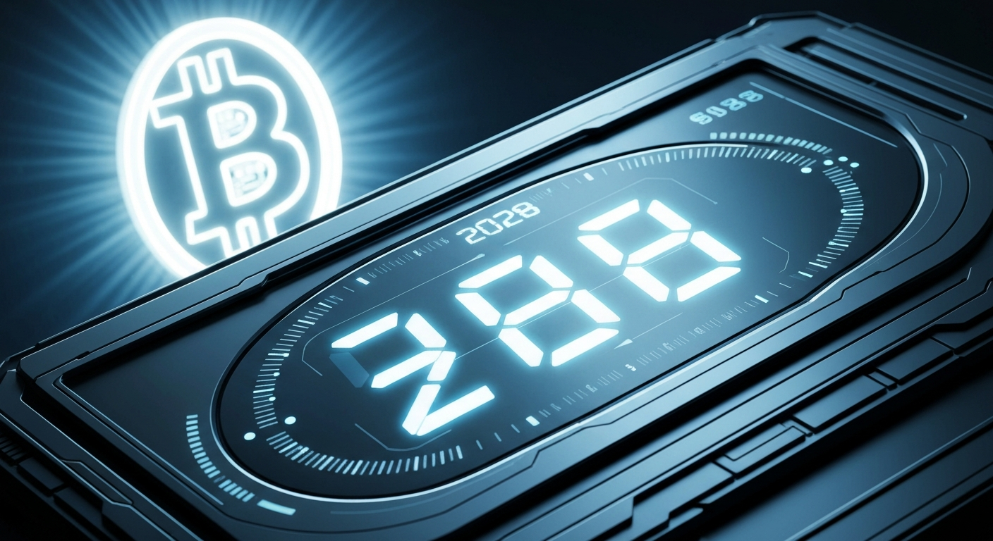 A futuristic digital clock counting down to the year 2028 with a Bitcoin symbol 