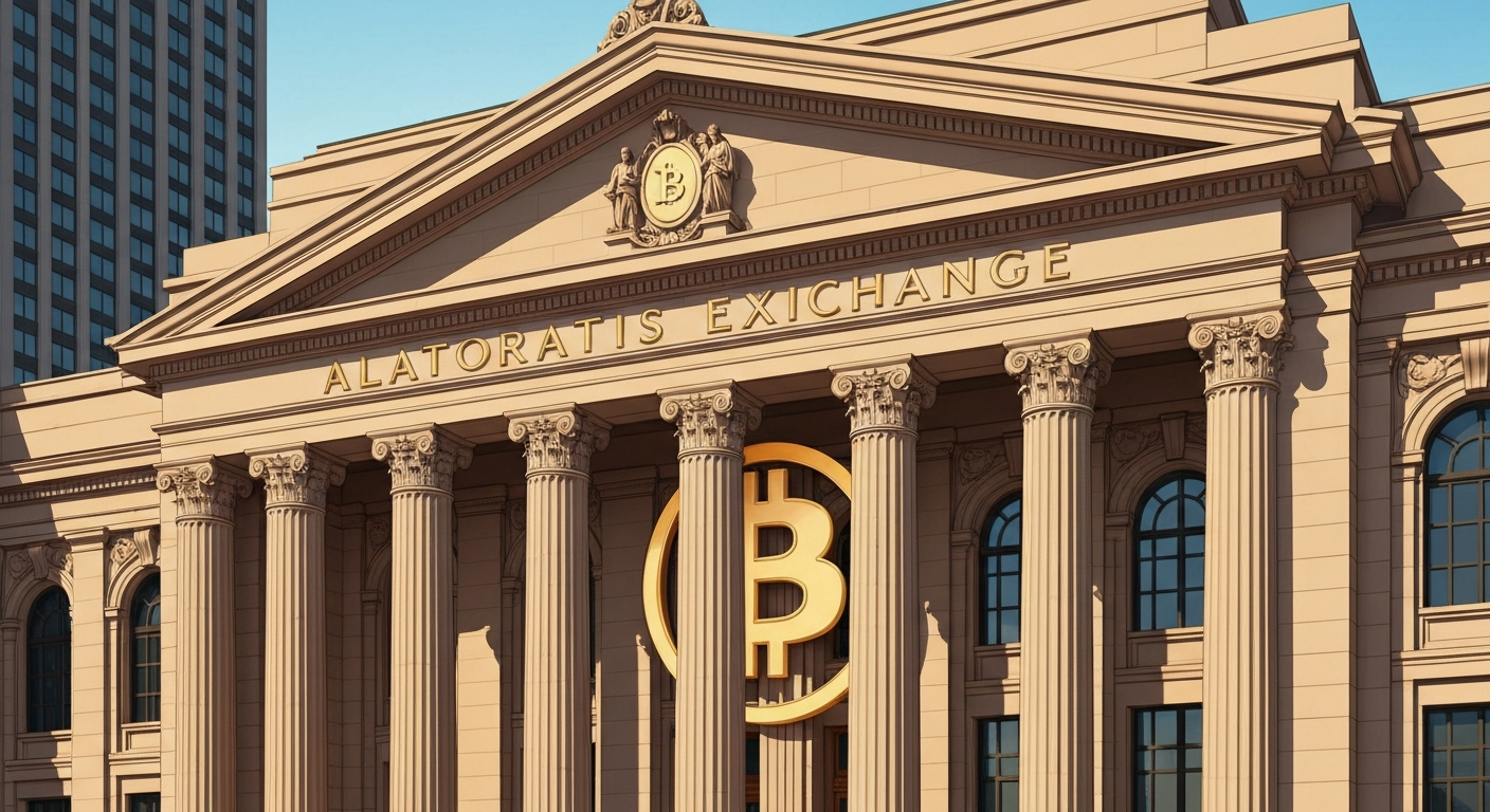 A visual representation of a traditional stock exchange building with a large Bi