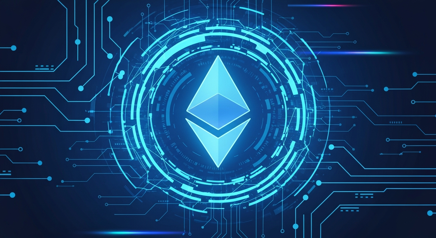A futuristic visualization of Ethereum staking, showing a glowing ETH logo conne
