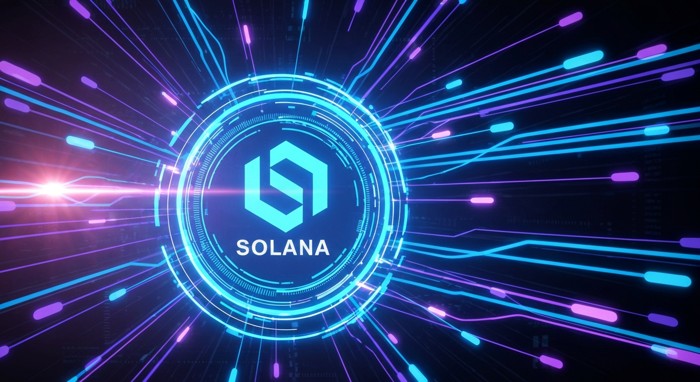 A futuristic representation of the Solana blockchain logo with high-speed data l