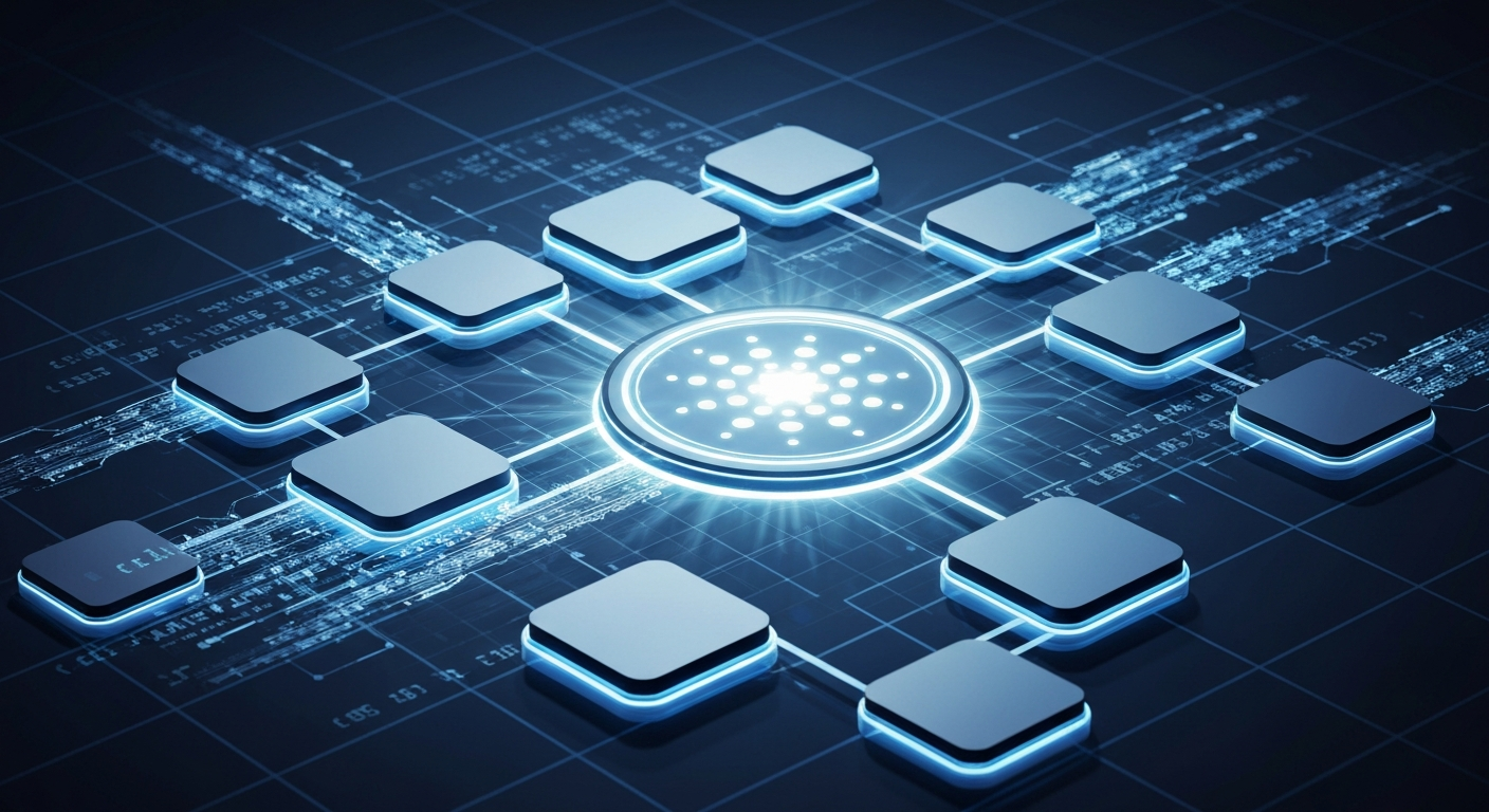 A futuristic representation of the Cardano blockchain, showing interconnected no