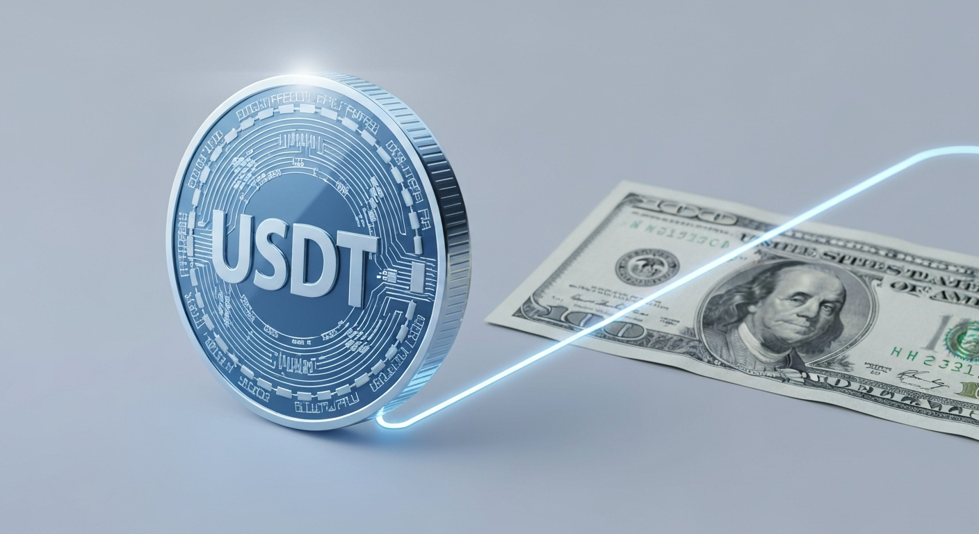 A digital coin with the USDT symbol connected to a physical US dollar bill, repr