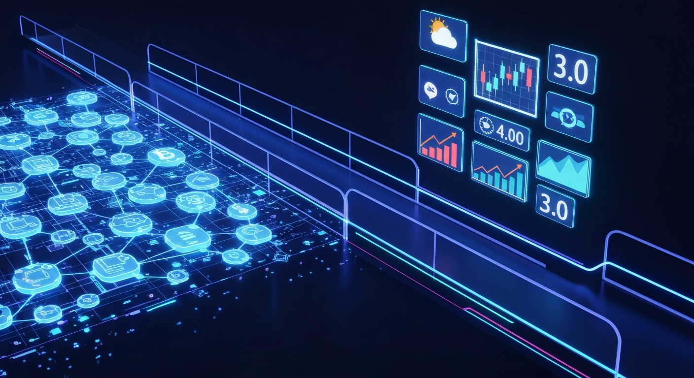 A digital bridge connecting a glowing blockchain network on one side to real-wor