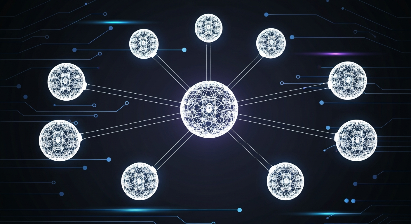 A futuristic digital network showing multiple interconnected blockchain spheres 