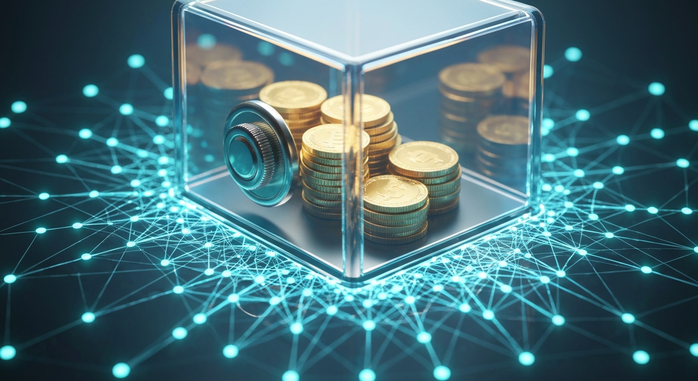 A conceptual illustration of digital coins being locked in a transparent safe bo
