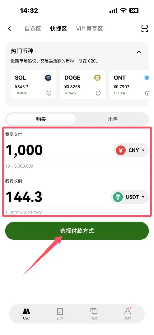 输入金额并选择付款方式后点击预览订单的界面