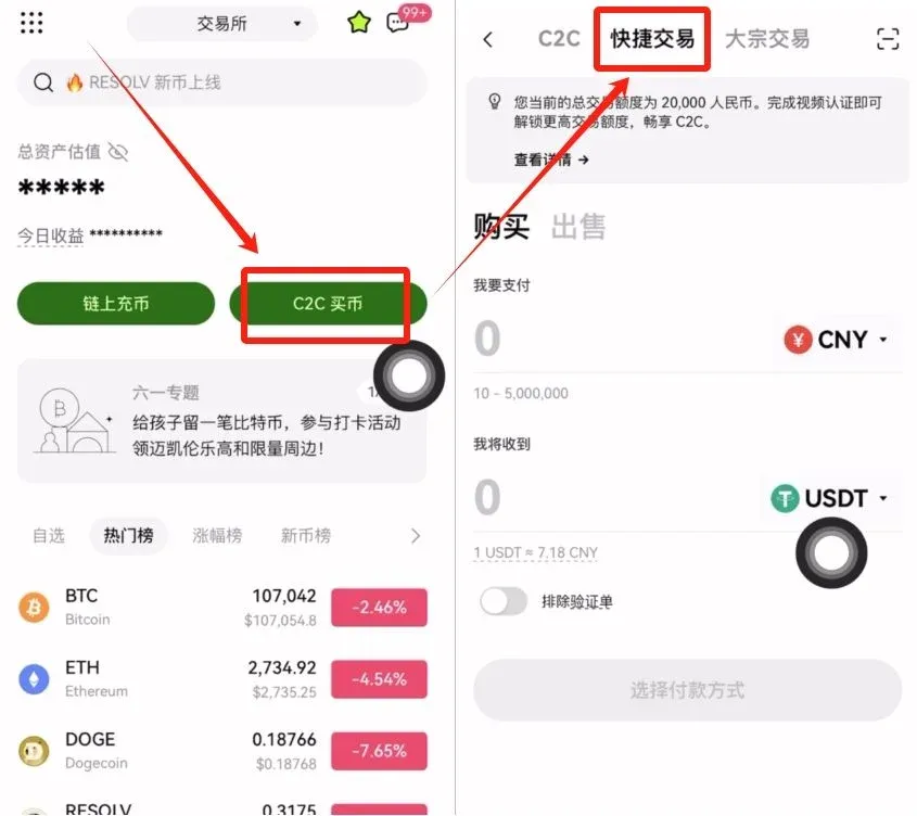 交易所页面展示C2C快速买入USDT按钮及资产划转入口