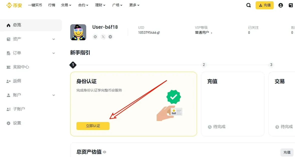 币安网页版个人账户首页界面