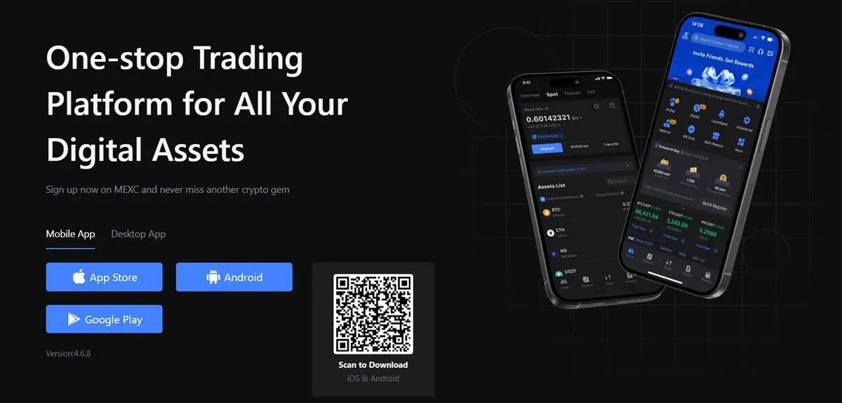 MEXC 加密货币交易所移动端 App 界面与功能布局