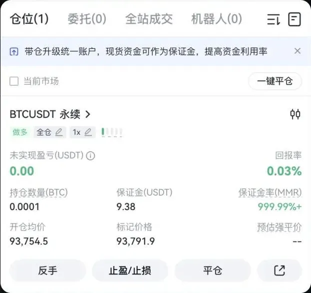 Gate.io 交易APP仓位页,列出持仓、强平价并提供止盈止损及平仓按钮