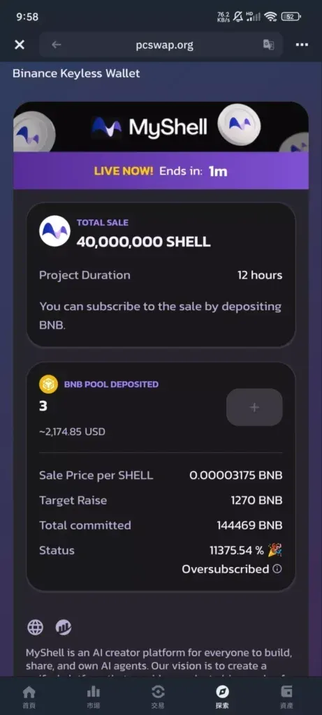 IDO 页面展示 BNB 质押与 $SHELL 分配