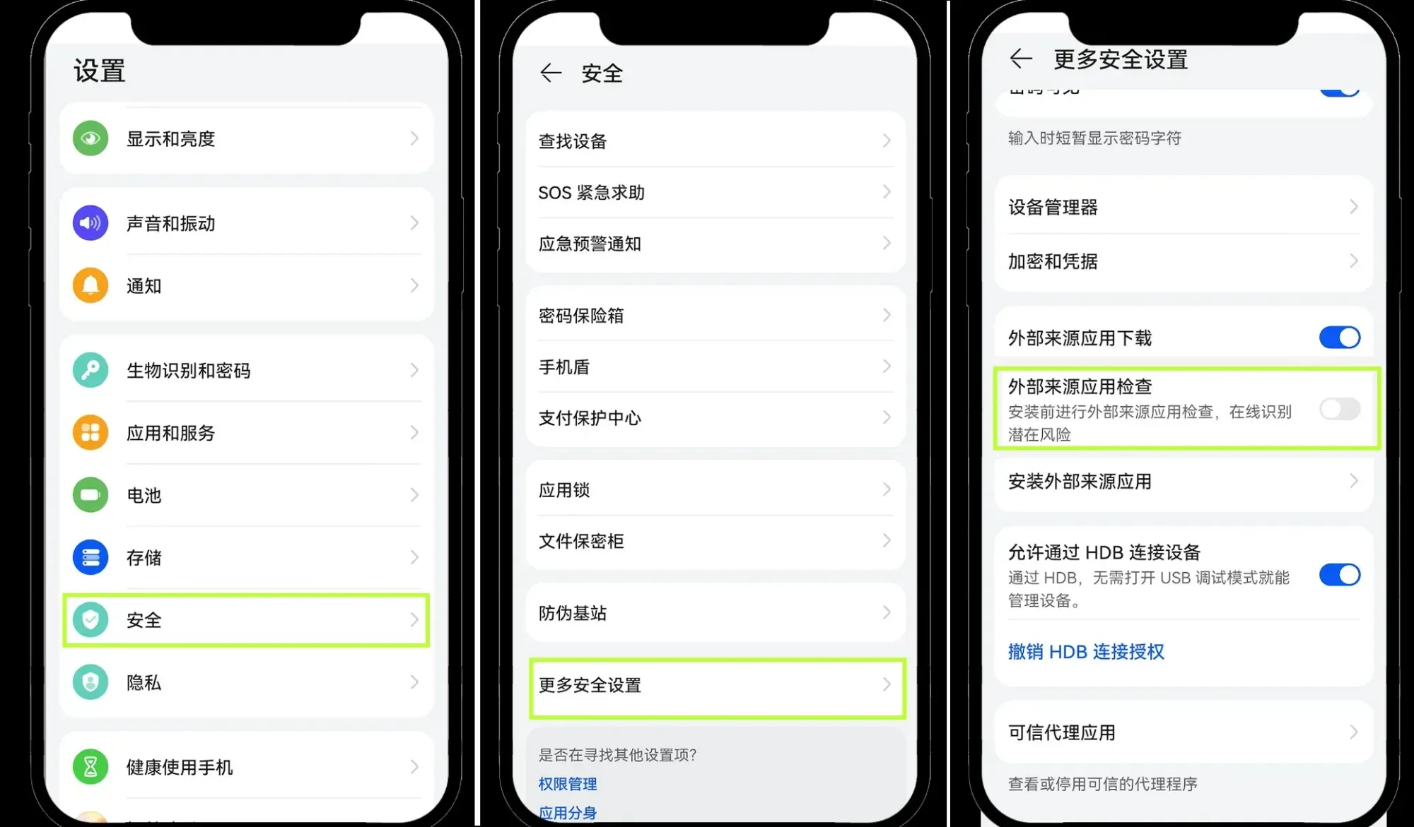 Android Settings page showing Security → More Security Settings → toggle External Source App Checks off