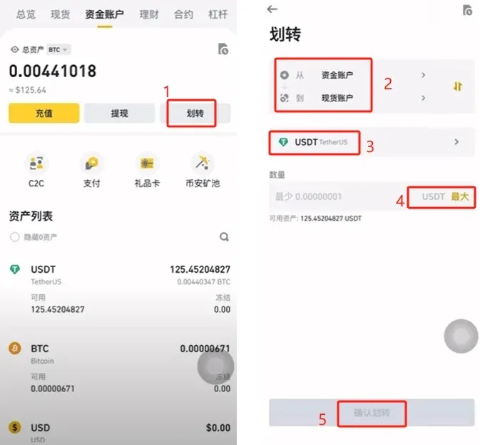 交易所界面显示从资金账户划转 USDT 至现货账户的操作页面
现货交易页搜索 BTC 并选择 BTC/USDT 交易对的