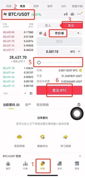 币安APP交易页BTC/USDT市价卖出界面