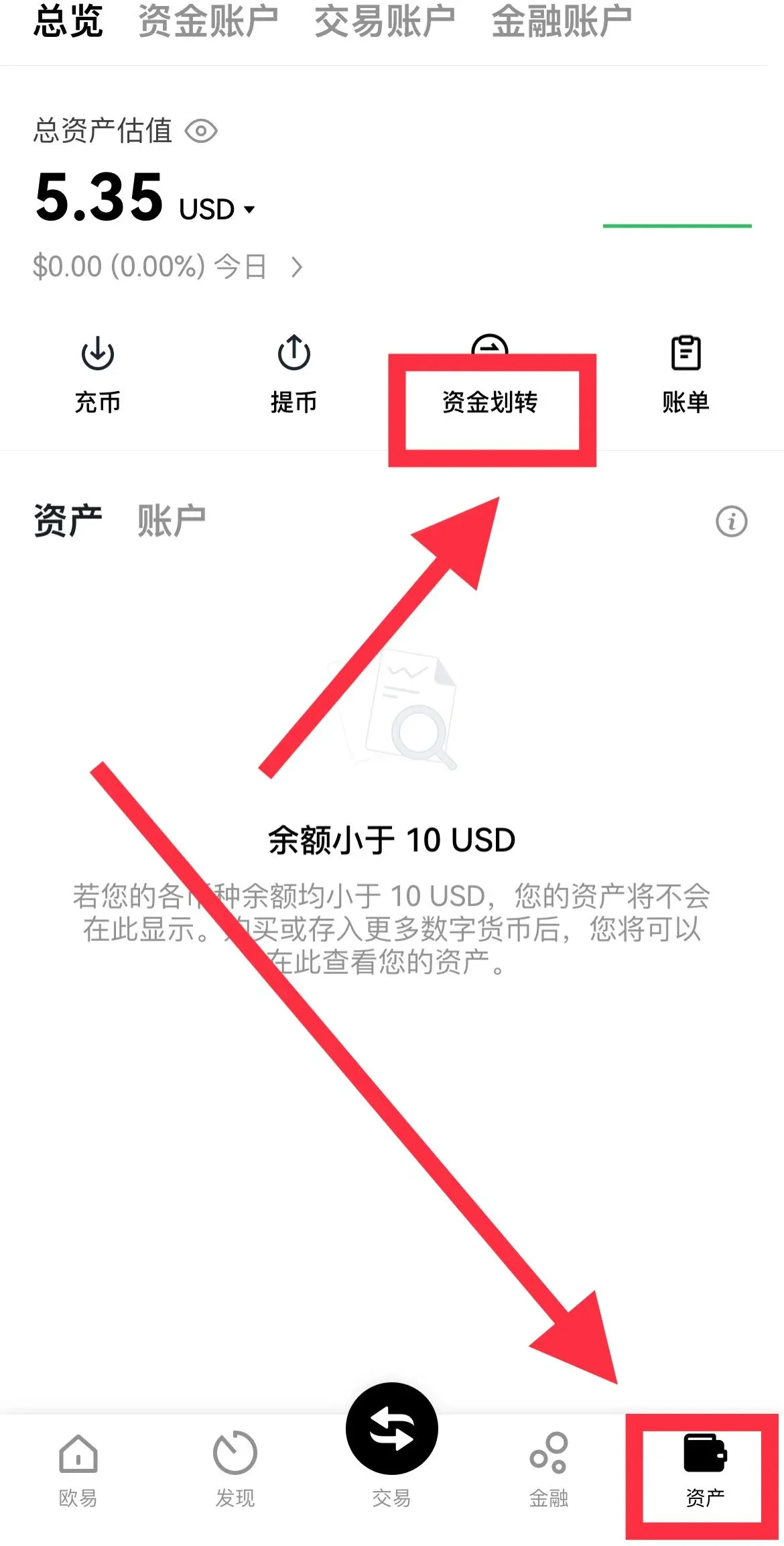 Interfaz de OKX donde se accede a la sección de fondos y se abre la ventana de transferencia de USDT