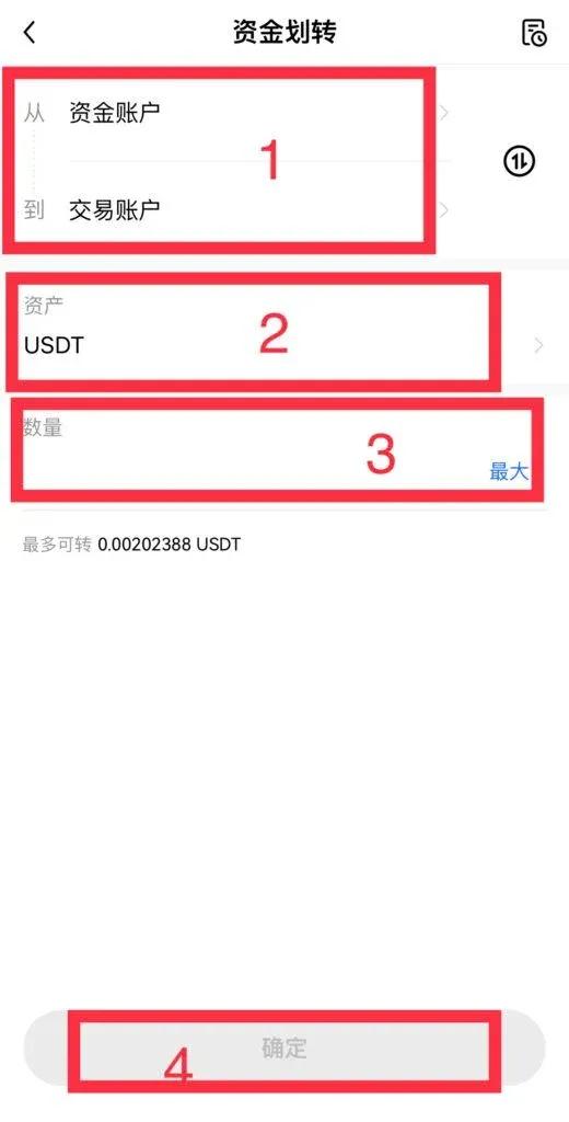 Pantalla de transferencia: seleccionar cuenta de fondos, cuenta de trading, USDT, pulsar “Todo” y confirmar