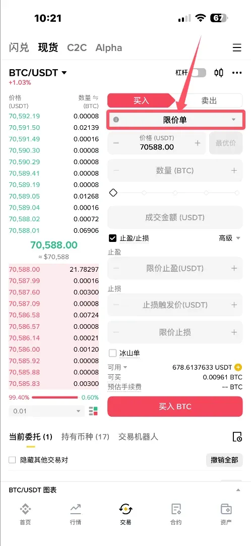 交易平台订单类型选择界面展示限价单市价单等选项