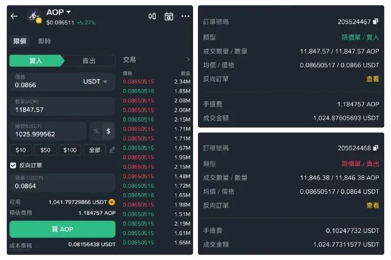 交易页面示单笔$1026 价差0.103美元 手续费约0.2美元