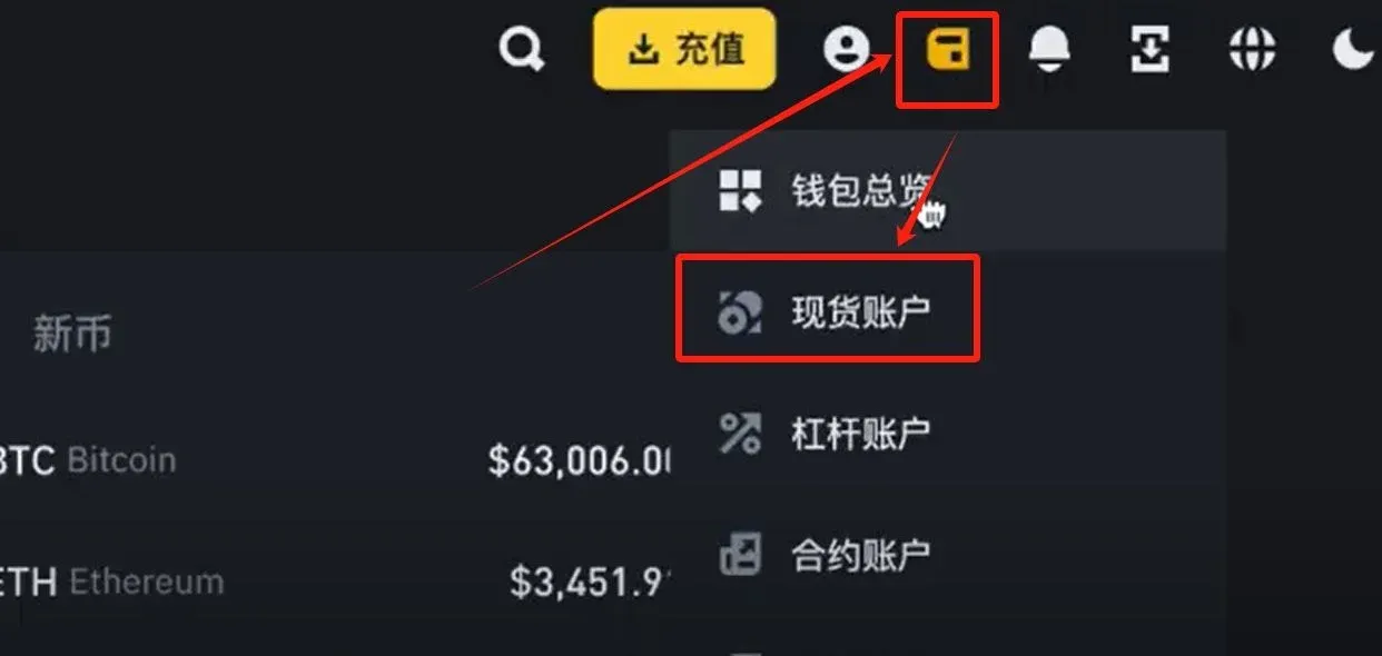 币安页面显示钱包下拉并选中现货账户的界面