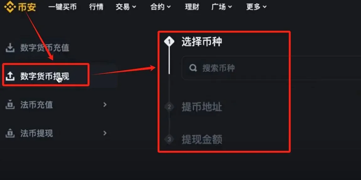 币安提现页面，填写接收地址和提款金额的表单