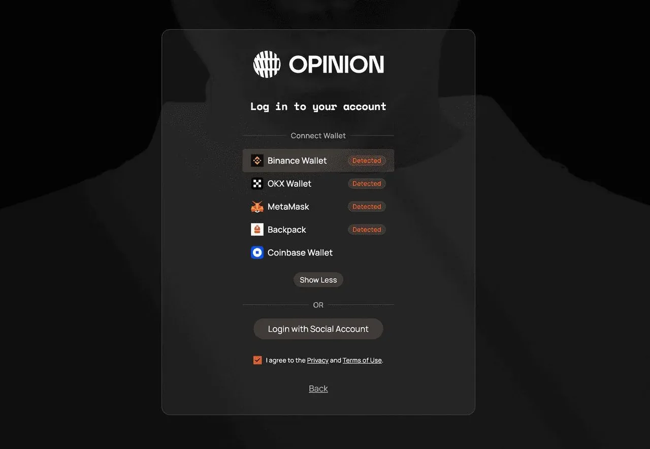Opinion 界面显示连接钱包按钮及 MetaMask 图标