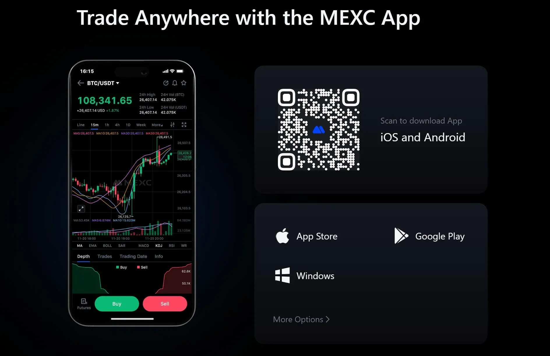 MEXC移动端界面显示行情图表及交易按钮