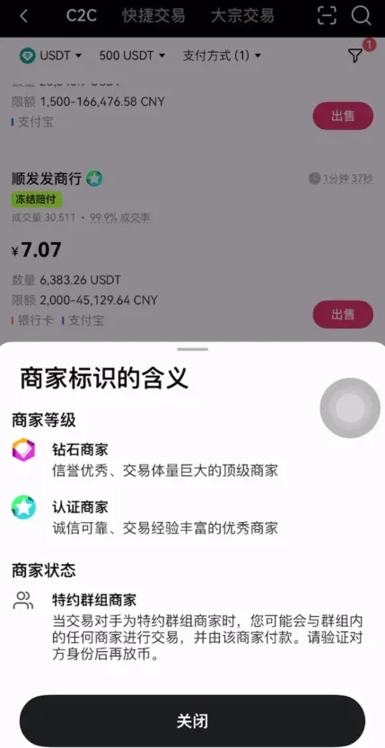 Platform page showing diamond‑verified merchants, special‑group head icons, trade volume and completion rate