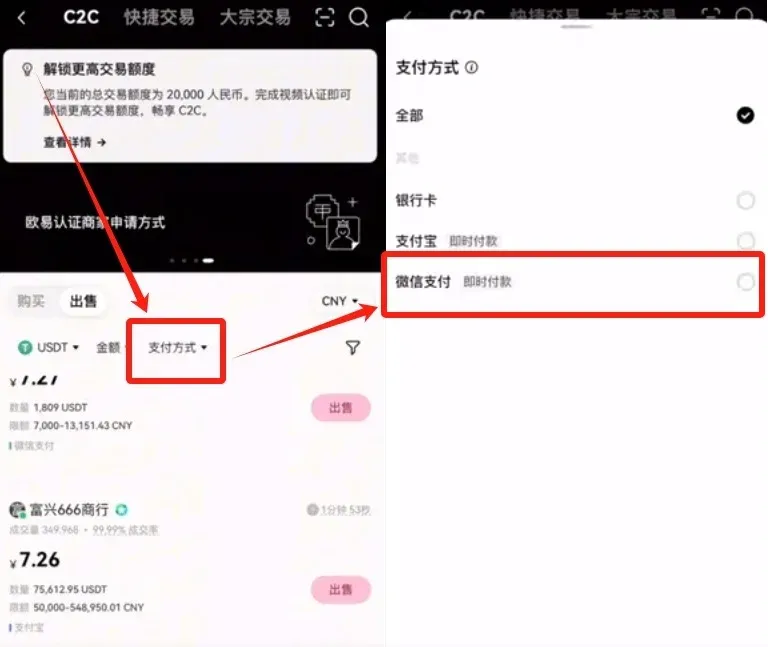 USDT da OKX para WeChat Pay