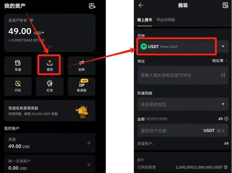 交易所提領頁面 USDT 選中 資產頁面點擊充幣 彈出充入數位貨幣視窗