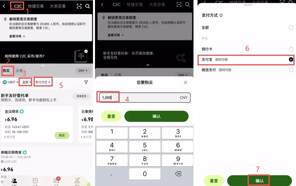 C2C 頁面選擇 1000 元 USDT、Line Pay 並開啟過濾